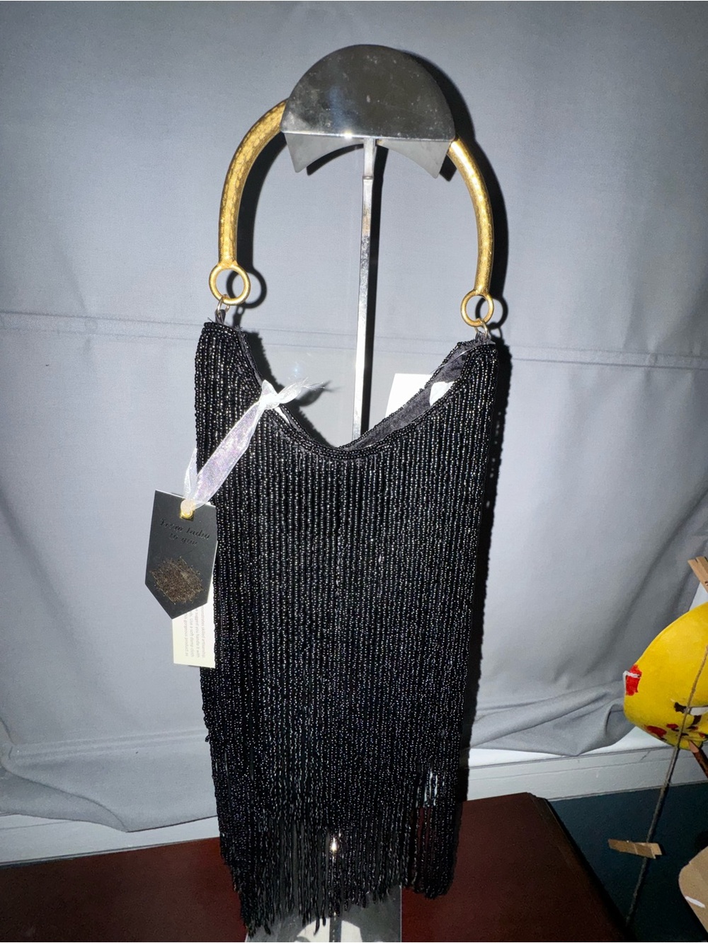 Black Beaded Fringe Crossbody Bag with Gold Handles